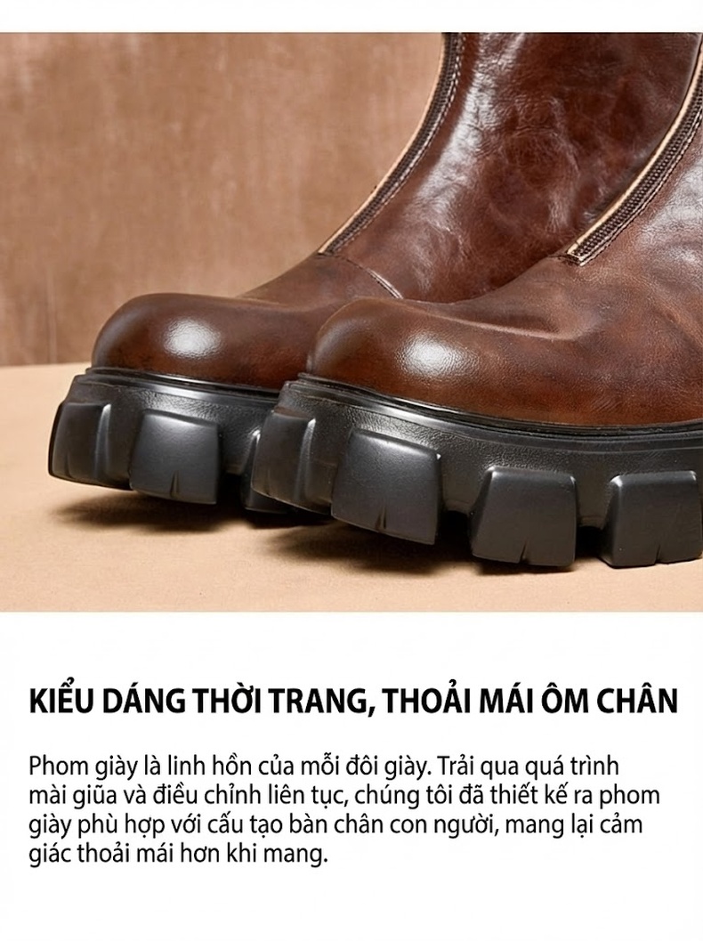Boot Chelsea Nam Da Bò Đế Dày Khóa Kéo Tăng Chiều Cao Khoảng 5cm Màu Đen chi tiết 3