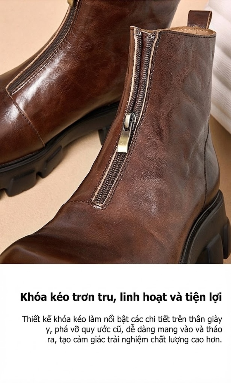 Boot Chelsea Nam Da Bò Đế Dày Khóa Kéo Tăng Chiều Cao Khoảng 5cm Màu Đen chi tiết 4