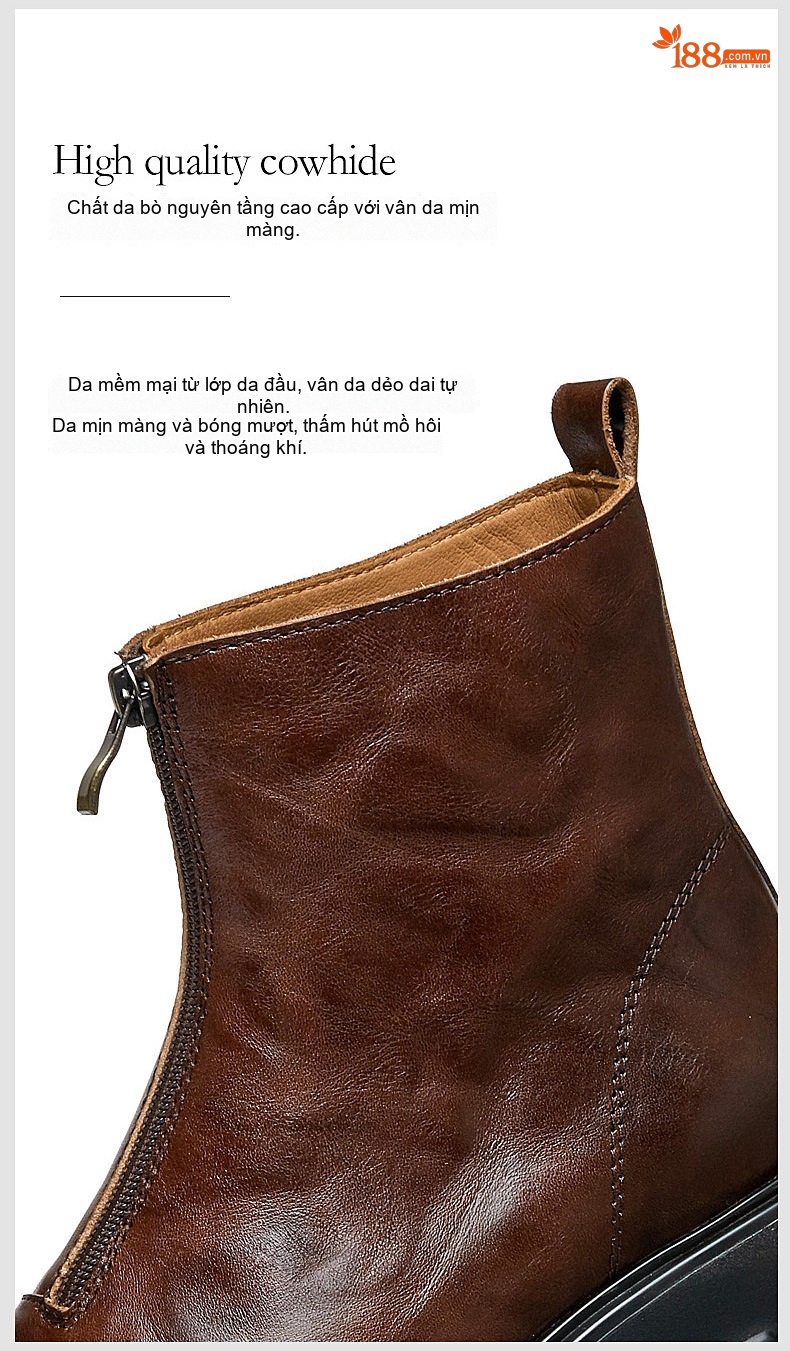 Boot Chelsea Nam Da Bò Đế Dày Khóa Kéo Tăng Chiều Cao Khoảng 5cm Màu Đen chi tiết 9
