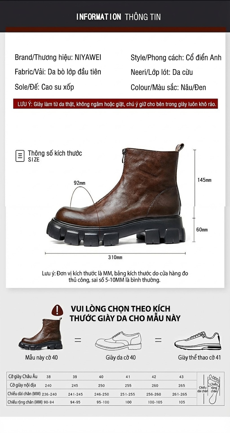 Boot Chelsea Nam Da Bò Đế Dày Khóa Kéo Tăng Chiều Cao Khoảng 5cm Màu Đen chi tiết 7