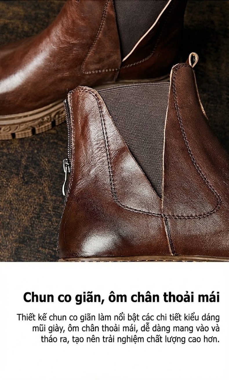 Boot Chelsea Nam Da Bò Khóa Kéo Sau Phong Cách Retro Chiều Cao Đế Khoảng 4cm Màu Đen, Nâu chi tiết 4
