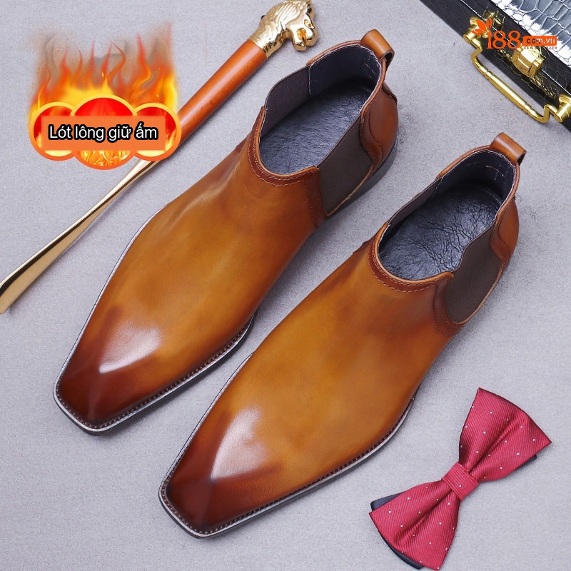 Boot Chelsea Nam Da Bò Lót Lông Chiều Cao Đế Khoảng 3cm Màu Nâu, Đen