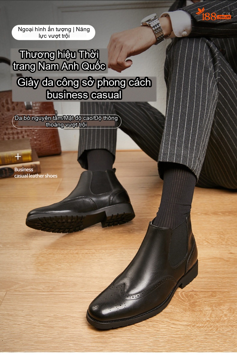 Boot Chelsea Nam Da Bò Mũi Nhọn Brogue Chiều Cao Đế Khoảng 3cm Màu Đen, Đỏ Rượu chi tiết 1