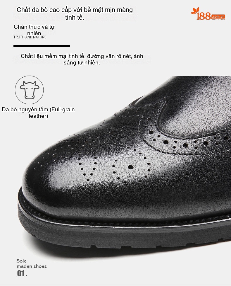 Boot Chelsea Nam Da Bò Mũi Nhọn Brogue Chiều Cao Đế Khoảng 3cm Màu Đen, Đỏ Rượu chi tiết 3