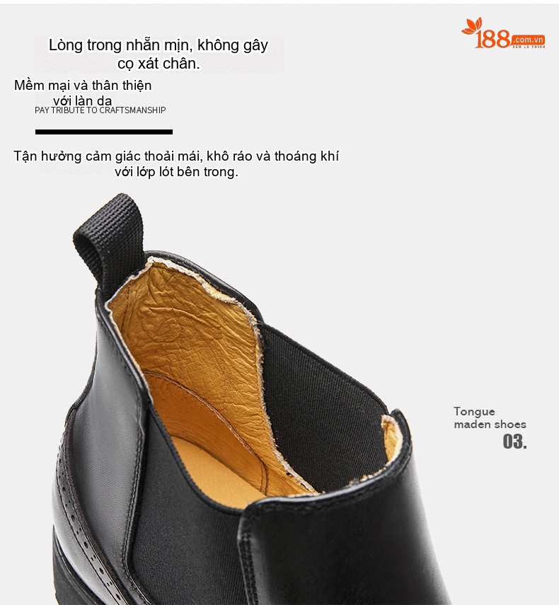 Boot Chelsea Nam Da Bò Mũi Nhọn Brogue Chiều Cao Đế Khoảng 3cm Màu Đen, Đỏ Rượu chi tiết 5