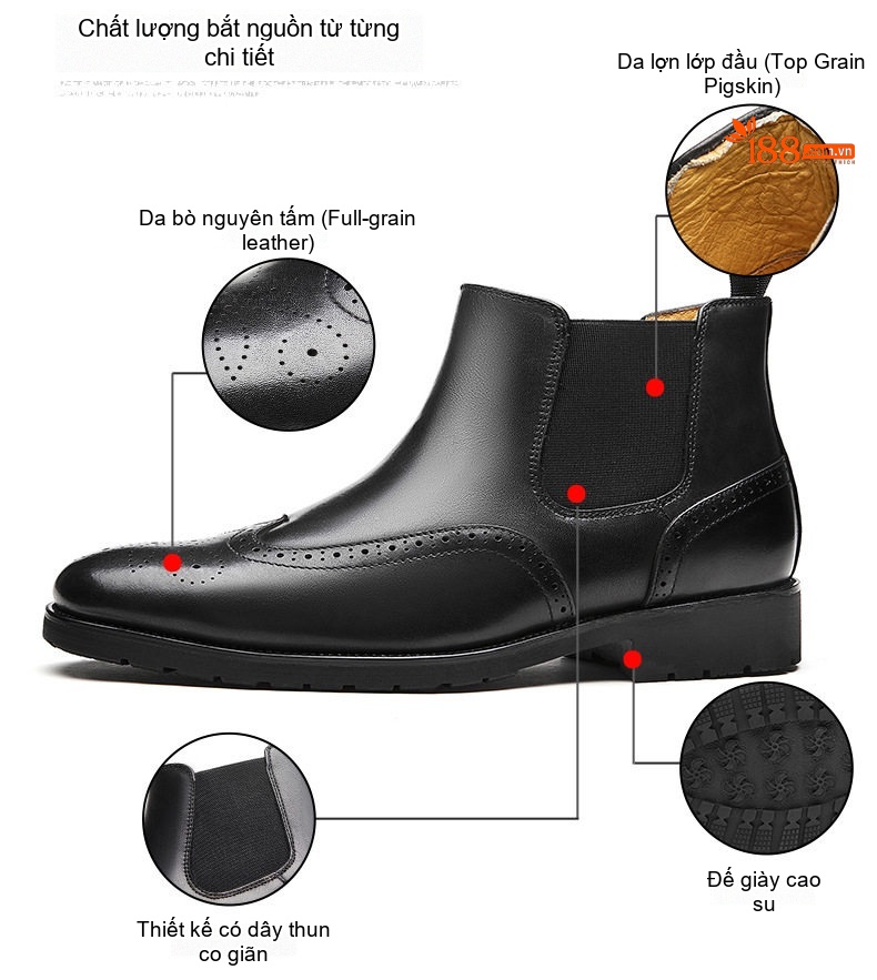 Boot Chelsea Nam Da Bò Mũi Nhọn Brogue Chiều Cao Đế Khoảng 3cm Màu Đen, Đỏ Rượu chi tiết 8