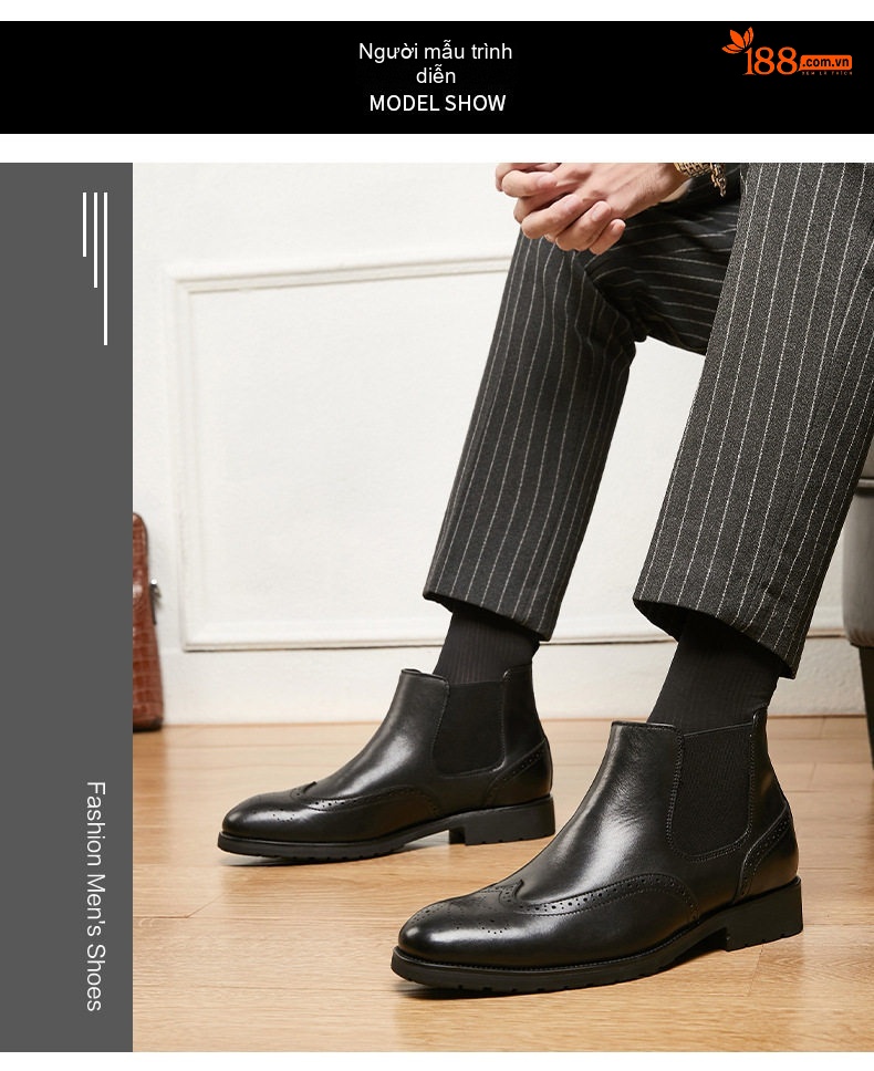 Boot Chelsea Nam Da Bò Mũi Nhọn Brogue Chiều Cao Đế Khoảng 3cm Màu Đen, Đỏ Rượu chi tiết 9