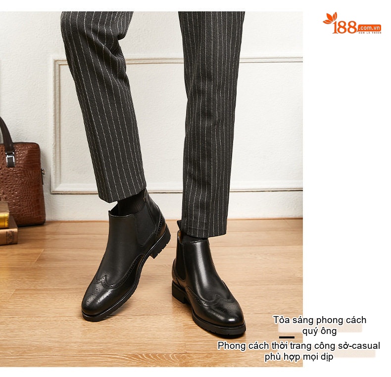 Boot Chelsea Nam Da Bò Mũi Nhọn Brogue Chiều Cao Đế Khoảng 3cm Màu Đen, Đỏ Rượu chi tiết 10
