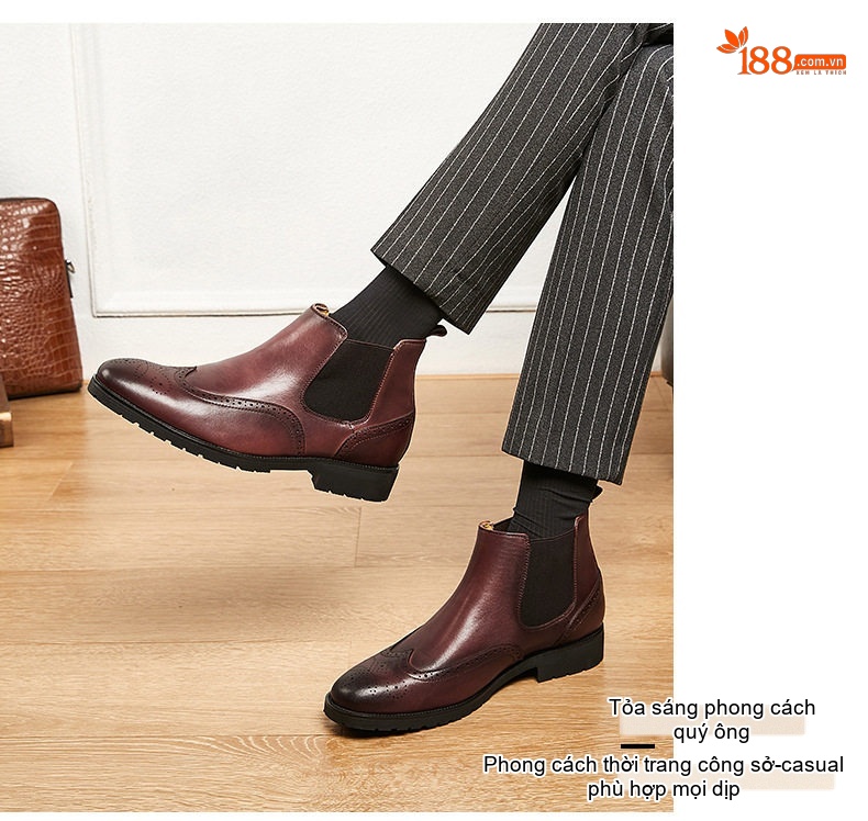 Boot Chelsea Nam Da Bò Mũi Nhọn Brogue Chiều Cao Đế Khoảng 3cm Màu Đen, Đỏ Rượu chi tiết 13