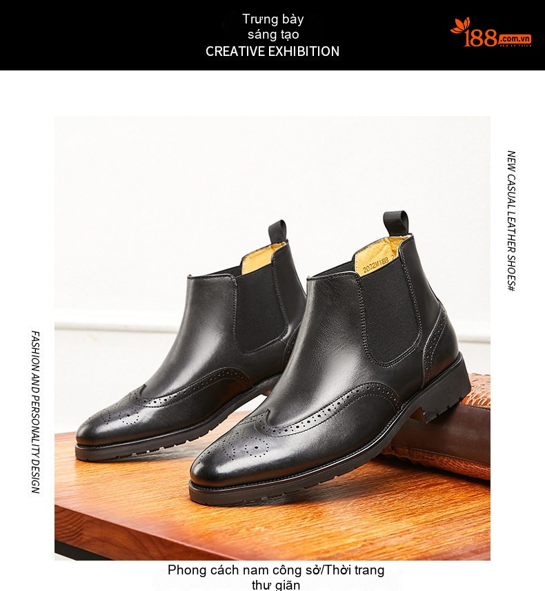 Boot Chelsea Nam Da Bò Mũi Nhọn Brogue Chiều Cao Đế Khoảng 3cm Màu Đen, Đỏ Rượu chi tiết 15