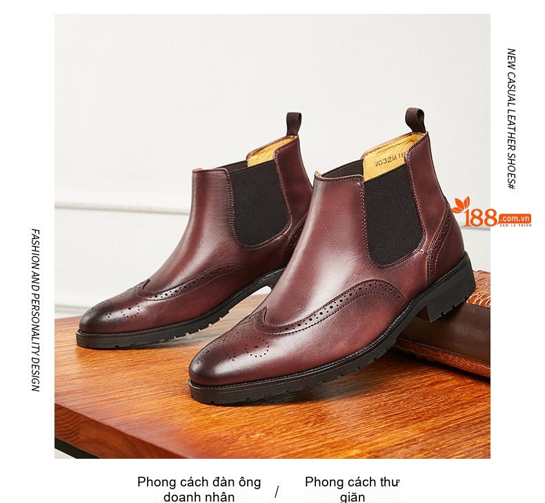 Boot Chelsea Nam Da Bò Mũi Nhọn Brogue Chiều Cao Đế Khoảng 3cm Màu Đen, Đỏ Rượu chi tiết 18