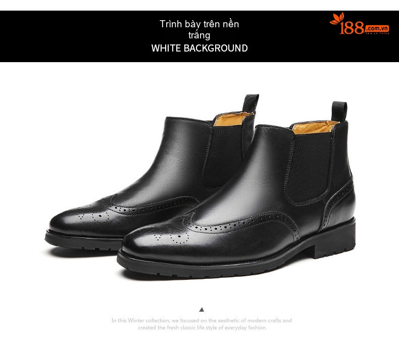 Boot Chelsea Nam Da Bò Mũi Nhọn Brogue Chiều Cao Đế Khoảng 3cm Màu Đen, Đỏ Rượu chi tiết 21
