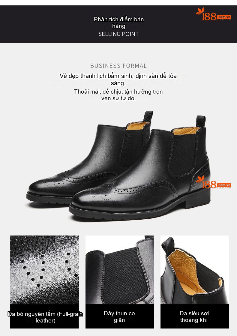 Boot Chelsea Nam Da Bò Mũi Nhọn Brogue Chiều Cao Đế Khoảng 3cm Màu Đen, Đỏ Rượu chi tiết 2