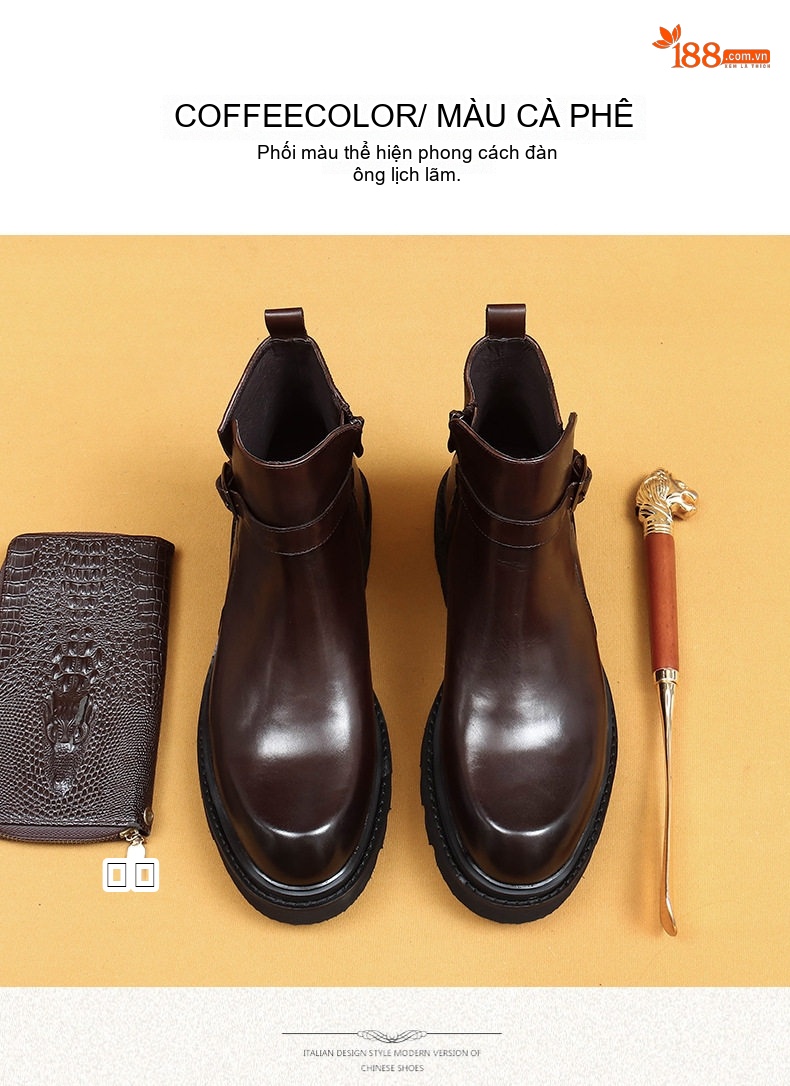 Boot Chelsea Nam Da Bò Mũi Tròn Chiều Cao Đế Khoảng 4cm Màu Đen chi tiết 13