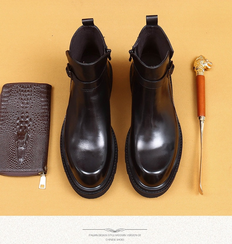 Boot Chelsea Nam Da Bò Mũi Tròn Chiều Cao Đế Khoảng 4cm Màu Đen chi tiết 5