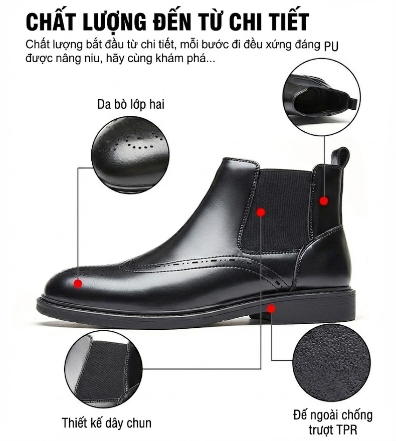 Boot Chelsea Nam Da Bóng Cao Cổ Phong Cách Anh Quốc Chiều Cao Đế Khoảng 3cm Màu Đen, Nâu chi tiết 8