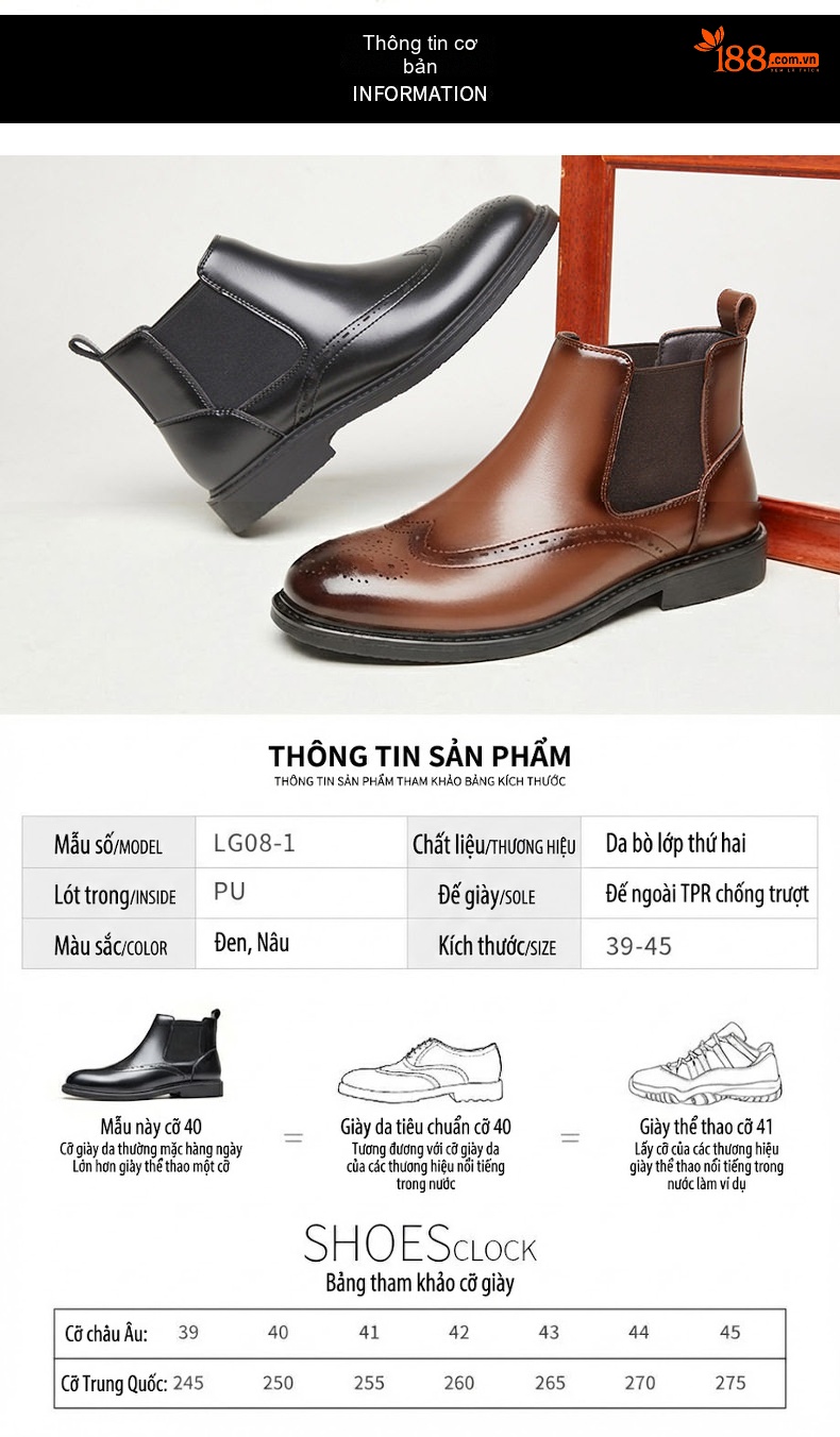 Boot Chelsea Nam Da Bóng Cao Cổ Phong Cách Anh Quốc Chiều Cao Đế Khoảng 3cm Màu Đen, Nâu chi tiết 7