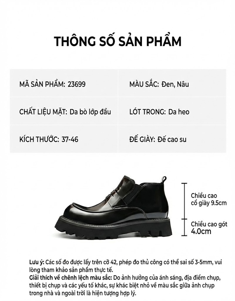 Boot Chelsea Nam Da Bóng Đầu Rộng Lót Lông Giữ Ấm Chiều Cao Đế Khoảng 5cm Màu Đen chi tiết 2