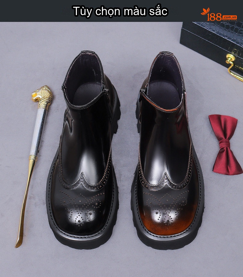 Boot Chelsea Nam Da Bóng Đế Dày Khắc Hoa Chiều Cao Đế Khoảng 5cm Màu Đen chi tiết 2