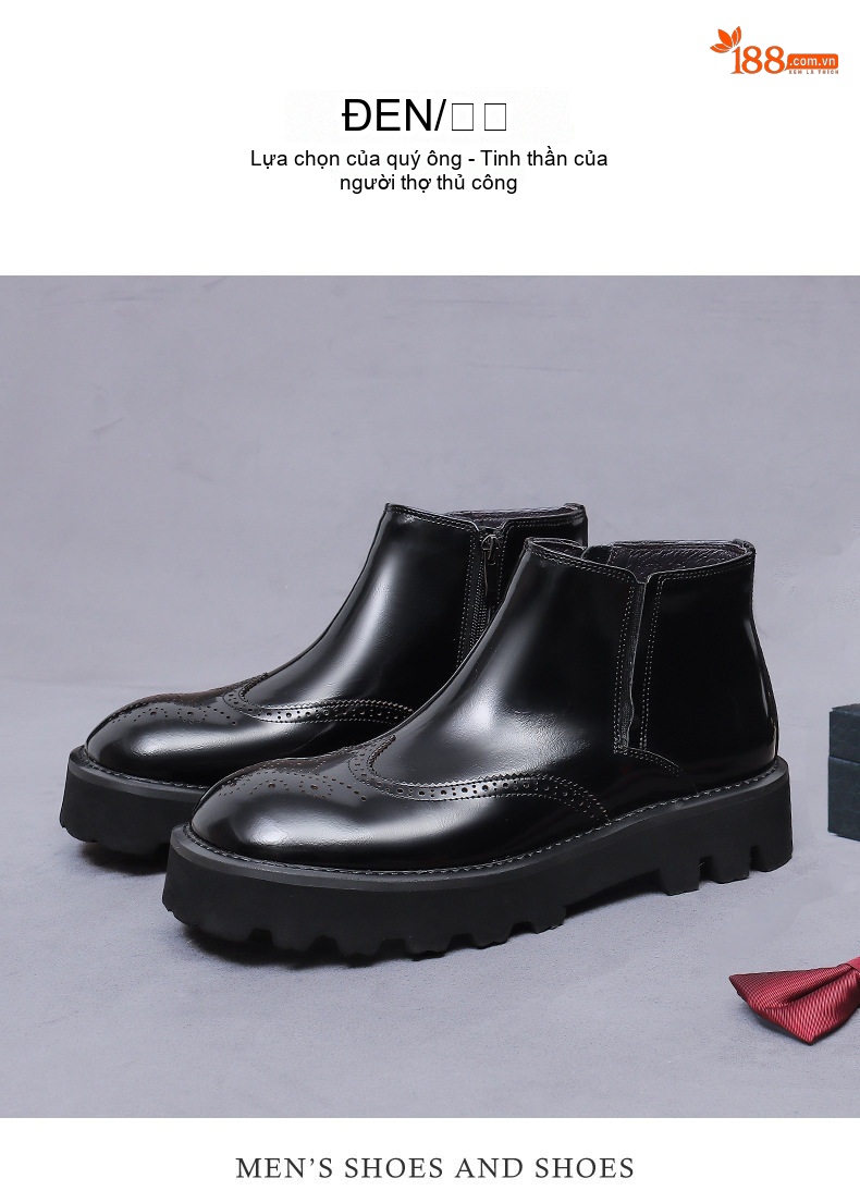 Boot Chelsea Nam Da Bóng Đế Dày Khắc Hoa Chiều Cao Đế Khoảng 5cm Màu Đen chi tiết 4