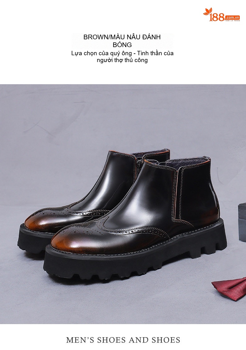 Boot Chelsea Nam Da Bóng Đế Dày Khắc Hoa Chiều Cao Đế Khoảng 5cm Màu Đen chi tiết 11