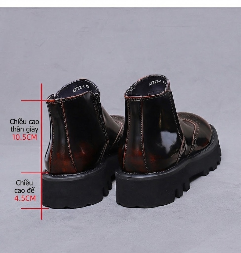 Boot Chelsea Nam Da Bóng Đế Dày Khắc Hoa Chiều Cao Đế Khoảng 5cm Màu Đen chi tiết 17