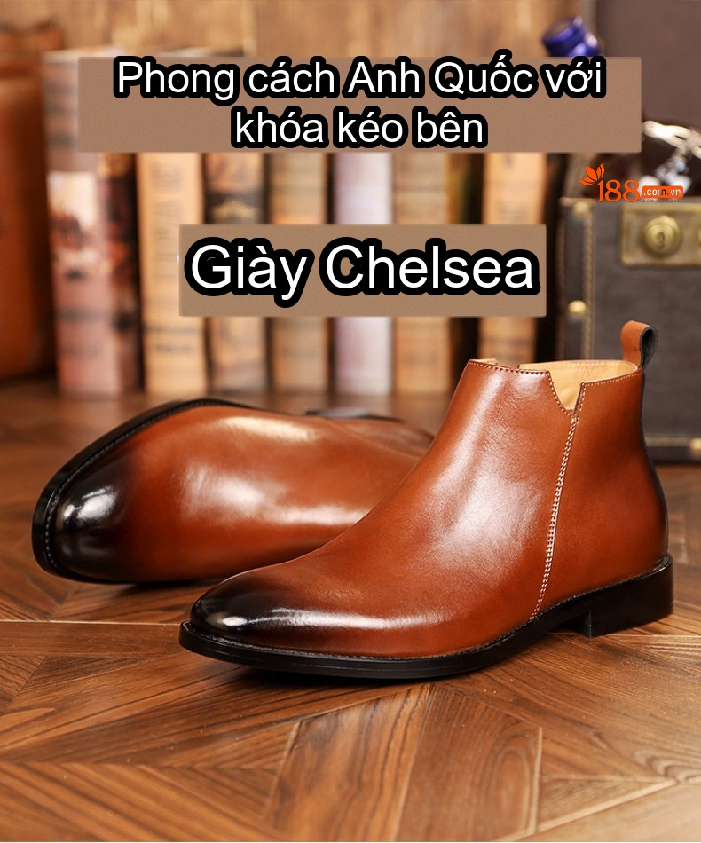 Boot Chelsea Nam Da Thật Khóa Kéo Bên Hông Chiều Cao Đế Khoảng 3cm Phong Cách Anh Quốc Màu Nâu chi tiết 1