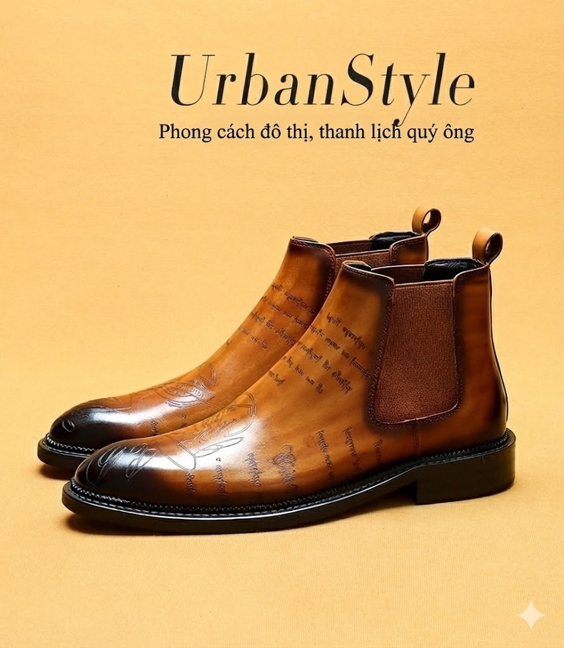 Boot Chelsea Nam Da Thật Mũi Nhọn Khắc Hoa Văn Chiều Cao Đế Khoảng 3cm Màu Nâu Đen chi tiết 1