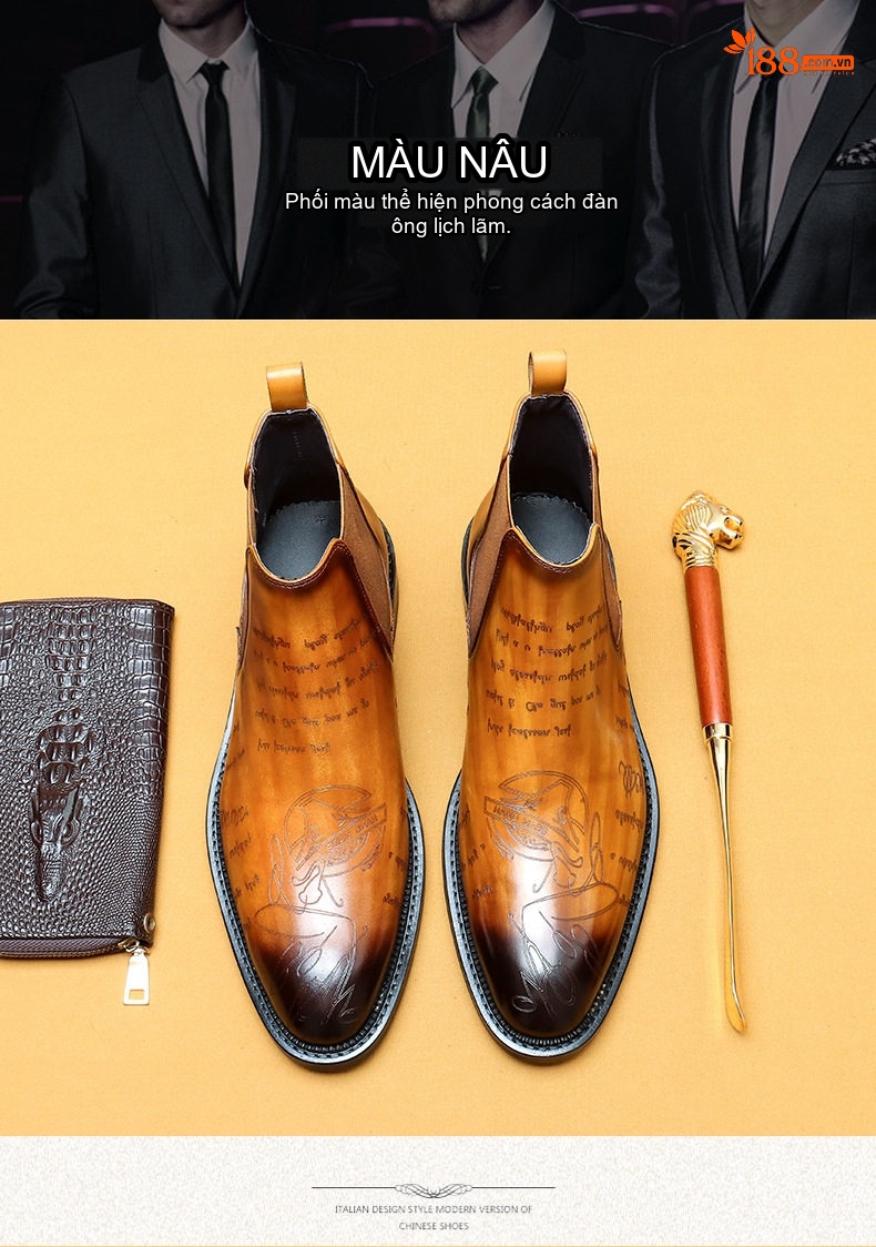 Boot Chelsea Nam Da Thật Mũi Nhọn Khắc Hoa Văn Chiều Cao Đế Khoảng 3cm Màu Nâu Đen chi tiết 4