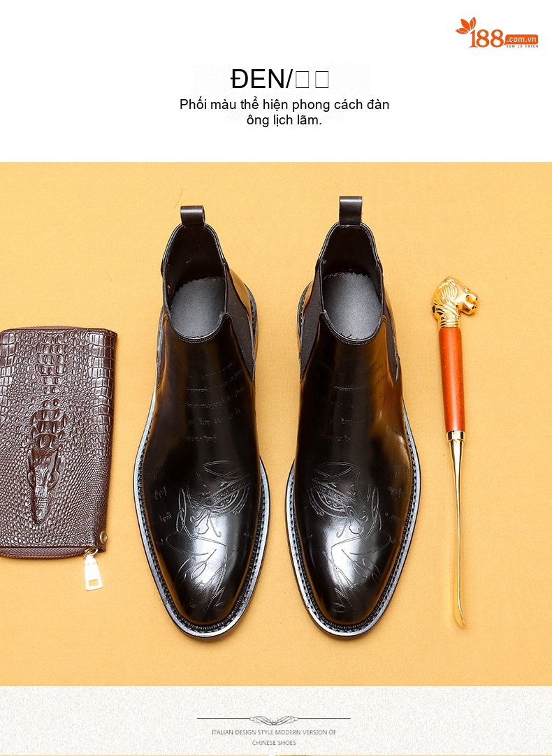 Boot Chelsea Nam Da Thật Mũi Nhọn Khắc Hoa Văn Chiều Cao Đế Khoảng 3cm Màu Nâu Đen chi tiết 11