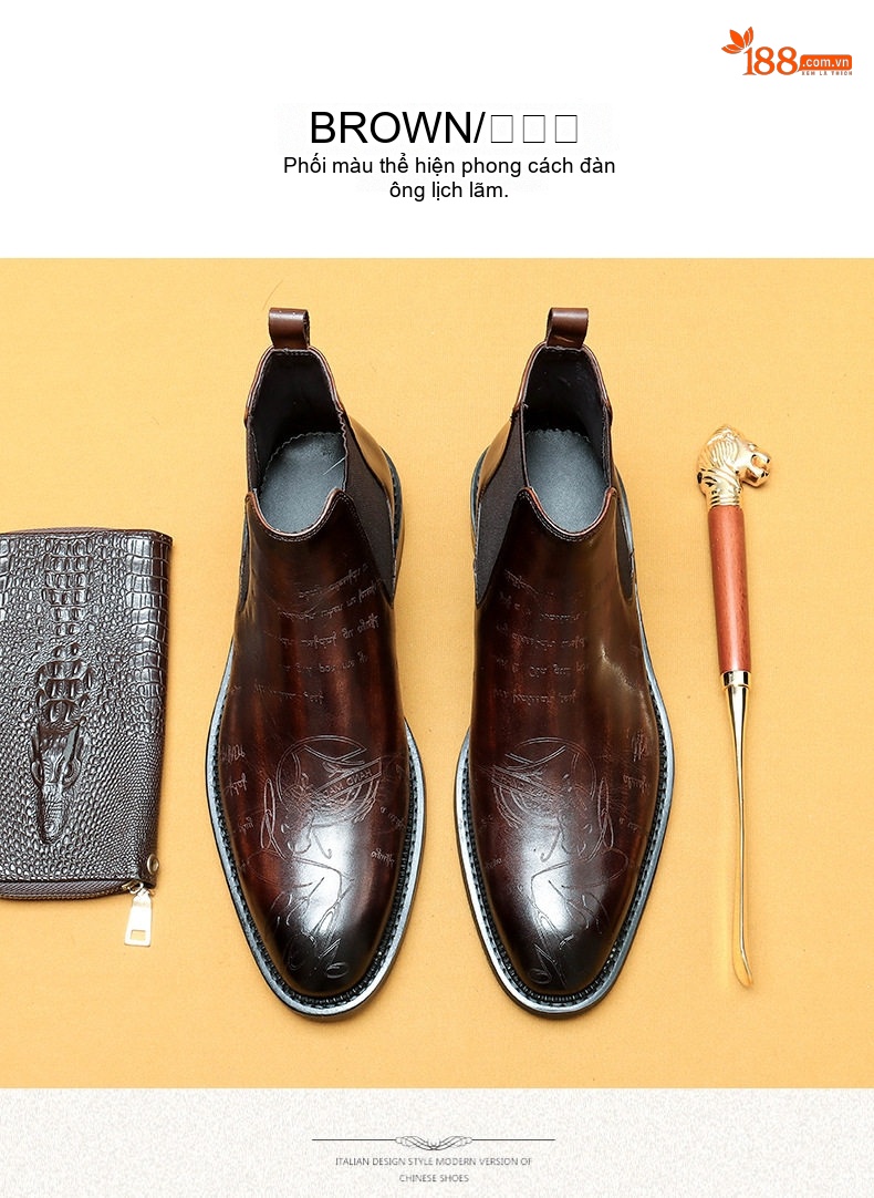 Boot Chelsea Nam Da Thật Mũi Nhọn Khắc Hoa Văn Chiều Cao Đế Khoảng 3cm Màu Nâu Đen chi tiết 18