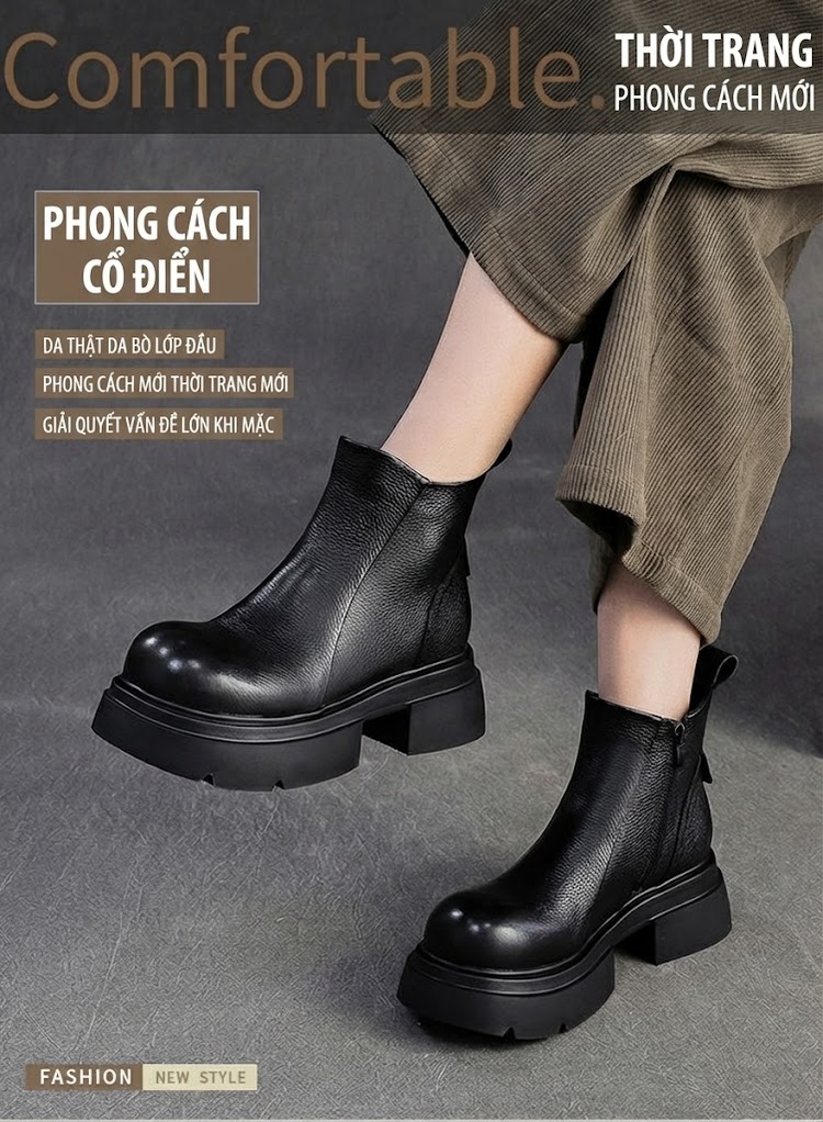 Boot Chelsea Nữ Da Bò Đế Dày Chiều Cao Đế Khoảng 5cm Màu Đen, Nâu chi tiết 2