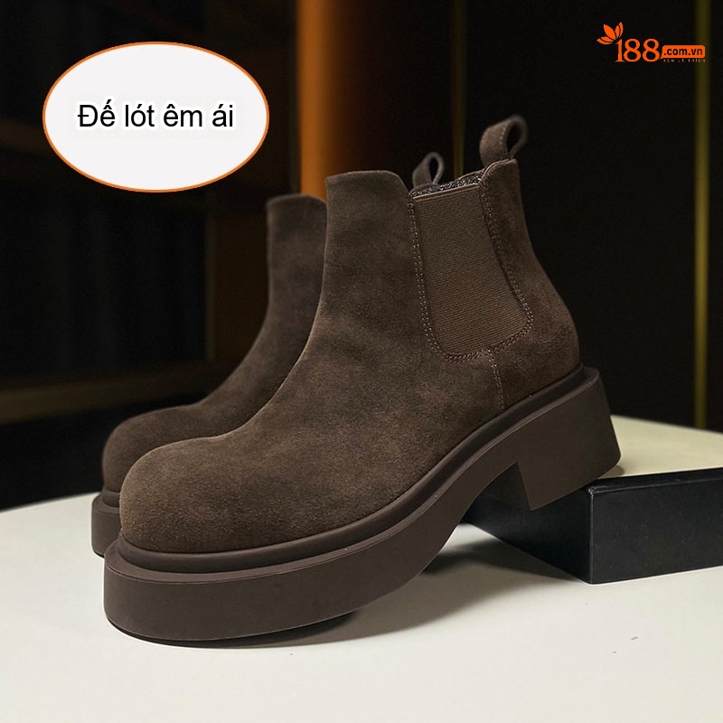 Boot Chelsea Nữ Da Bò Satin Đế Cao 5cm Màu Đen, Nâu