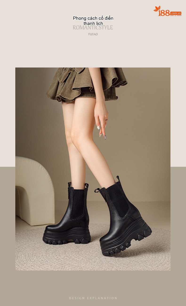 Boot Chelsea Nữ Da Thật Đế Xuồng Cao 12cm Tăng Chiều Cao Màu Đen chi tiết 1