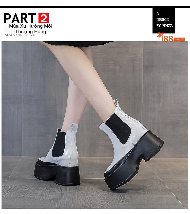 Boot Chelsea Nữ Đế Cao 7.5cm Da Bóng Phong Cách Retro Màu Đen, Trắng chi tiết 15