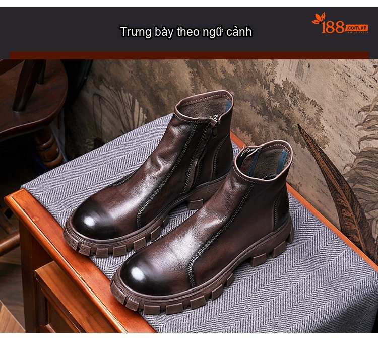 Boot Da Bò Cao Cổ Nam Chelsea Chiều Cao Đế Khoảng 5cm Màu Đen, Nâu chi tiết 6