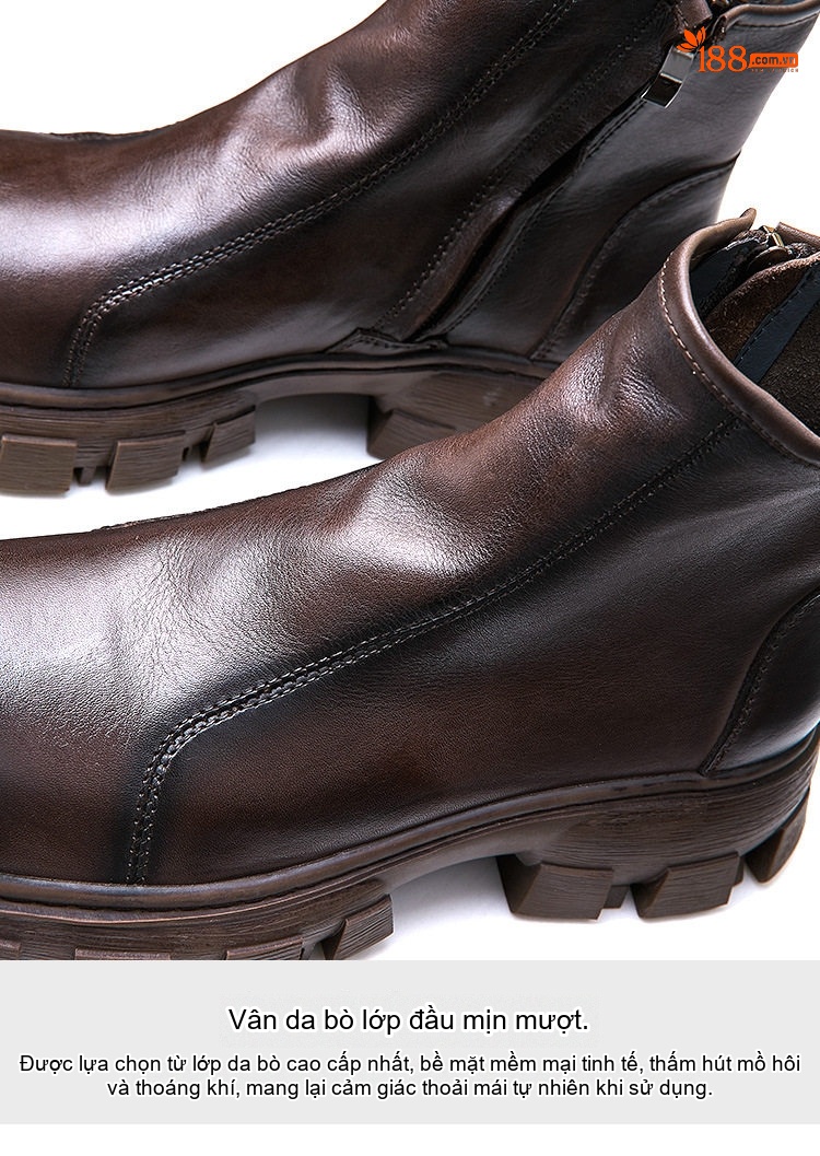 Boot Da Bò Cao Cổ Nam Chelsea Chiều Cao Đế Khoảng 5cm Màu Đen, Nâu chi tiết 10