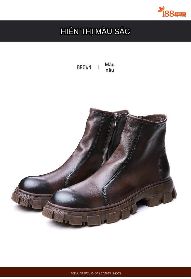 Boot Da Bò Cao Cổ Nam Chelsea Chiều Cao Đế Khoảng 5cm Màu Đen, Nâu chi tiết 12