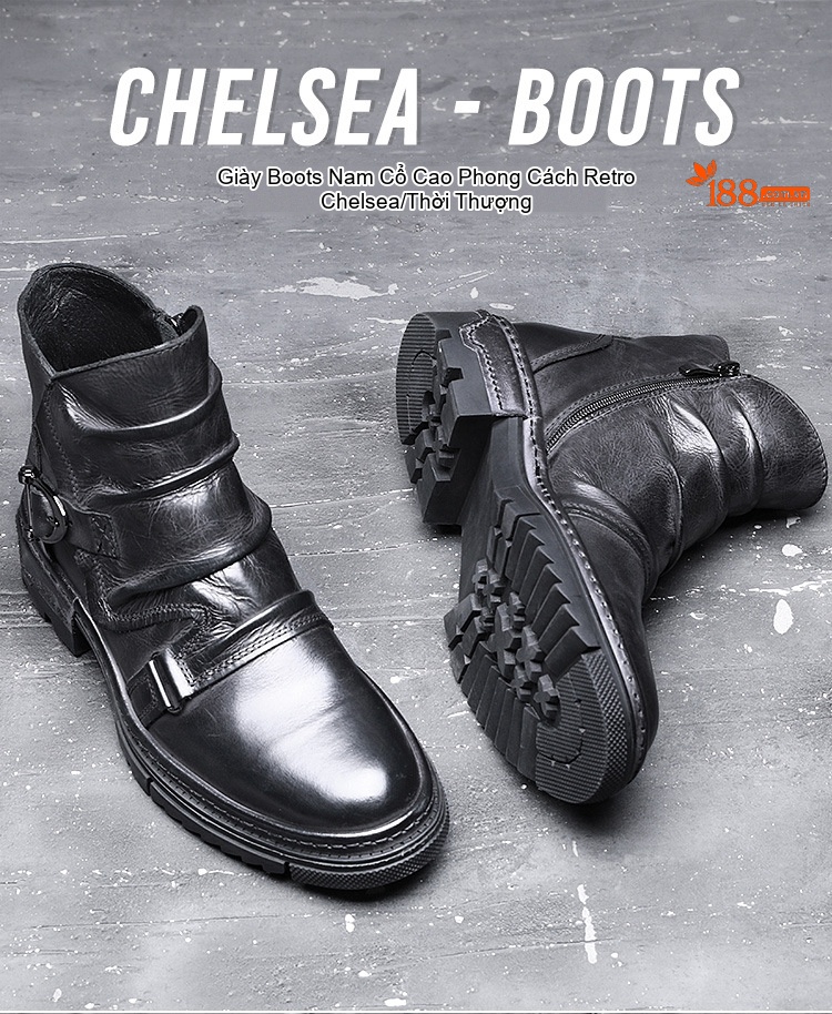 Boot Da Nam Cao Cổ Khóa Zip Phong Cách Retro Chiều Cao Đế Khoảng 3cm Màu Nâu, Đen chi tiết 1