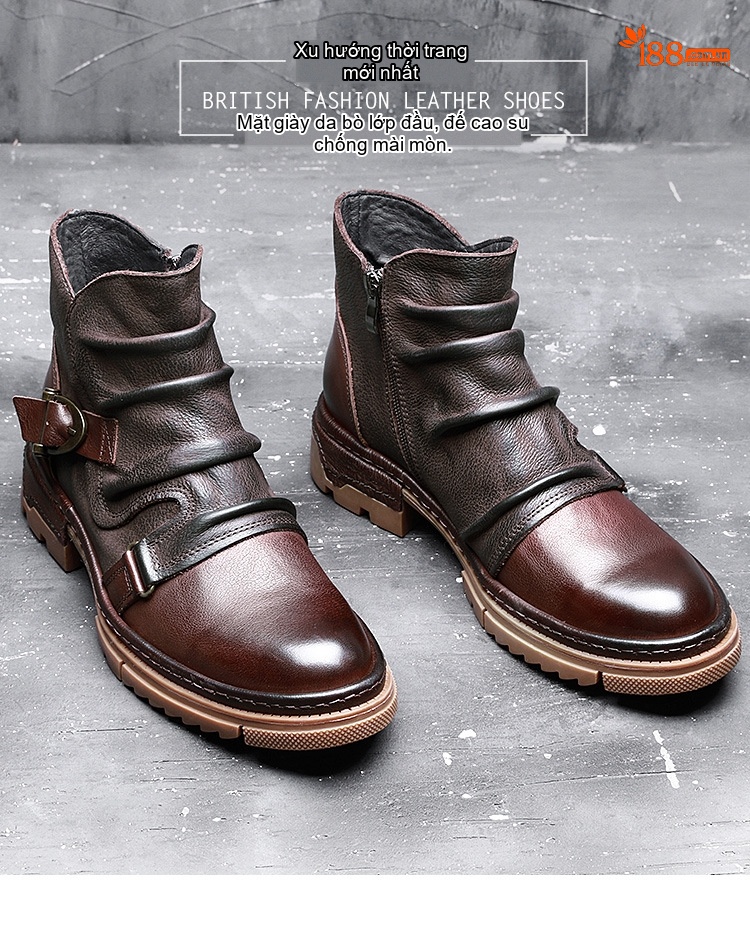 Boot Da Nam Cao Cổ Khóa Zip Phong Cách Retro Chiều Cao Đế Khoảng 3cm Màu Nâu, Đen chi tiết 2