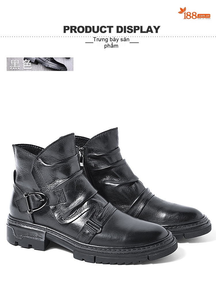 Boot Da Nam Cao Cổ Khóa Zip Phong Cách Retro Chiều Cao Đế Khoảng 3cm Màu Nâu, Đen chi tiết 7