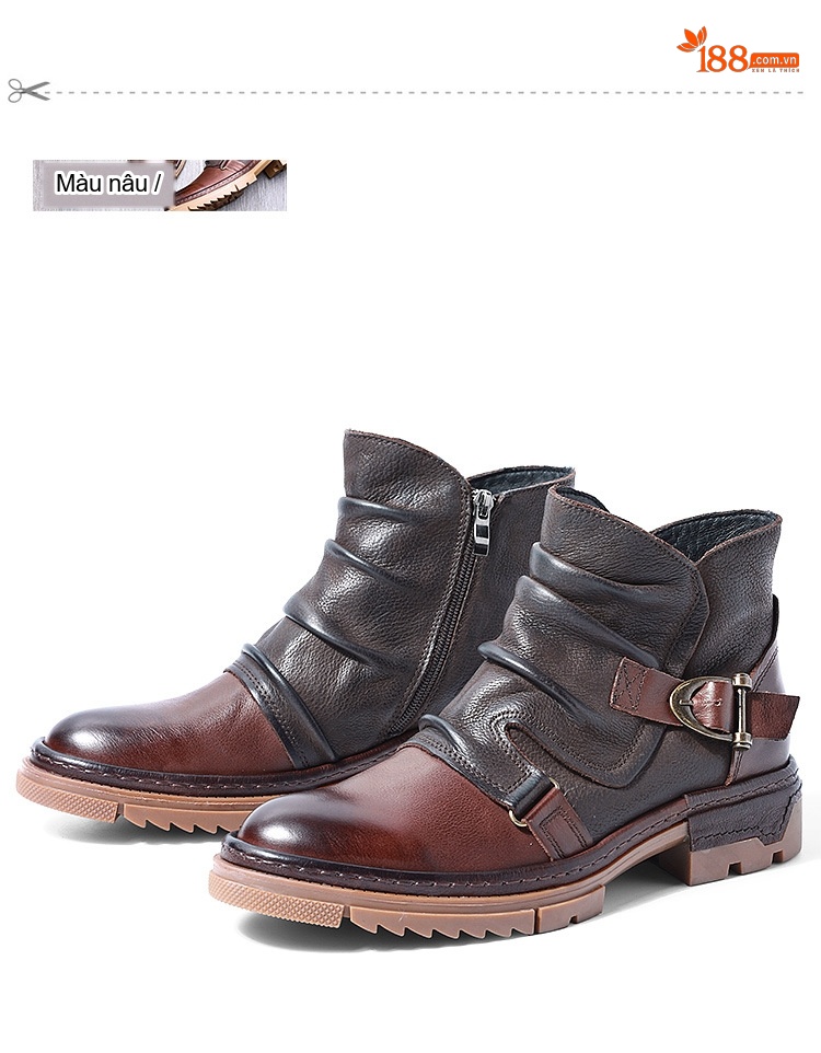 Boot Da Nam Cao Cổ Khóa Zip Phong Cách Retro Chiều Cao Đế Khoảng 3cm Màu Nâu, Đen chi tiết 10