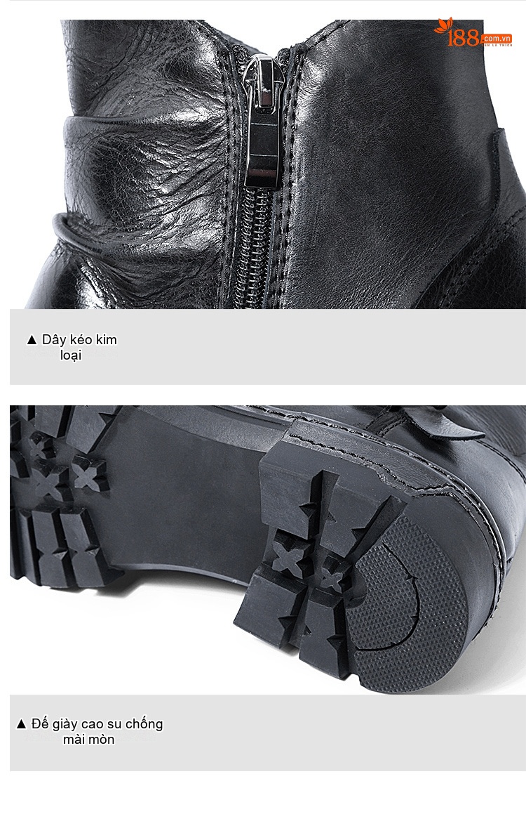 Boot Da Nam Cao Cổ Khóa Zip Phong Cách Retro Chiều Cao Đế Khoảng 3cm Màu Nâu, Đen chi tiết 14