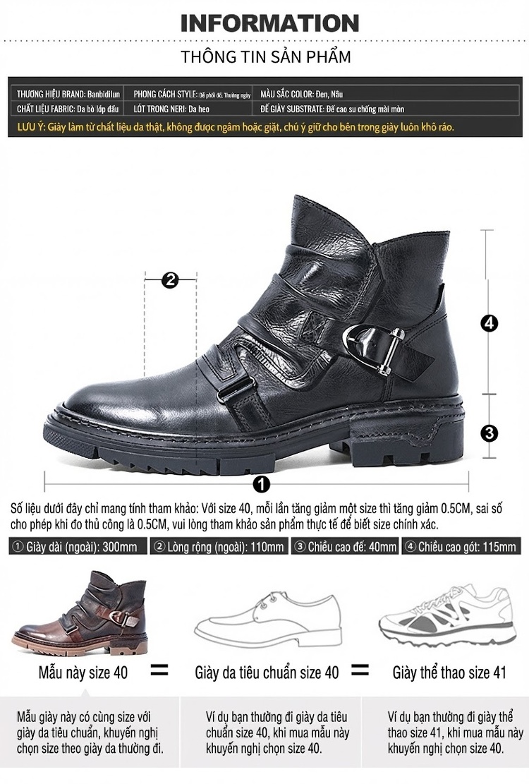 Boot Da Nam Cao Cổ Khóa Zip Phong Cách Retro Chiều Cao Đế Khoảng 3cm Màu Nâu, Đen chi tiết 3