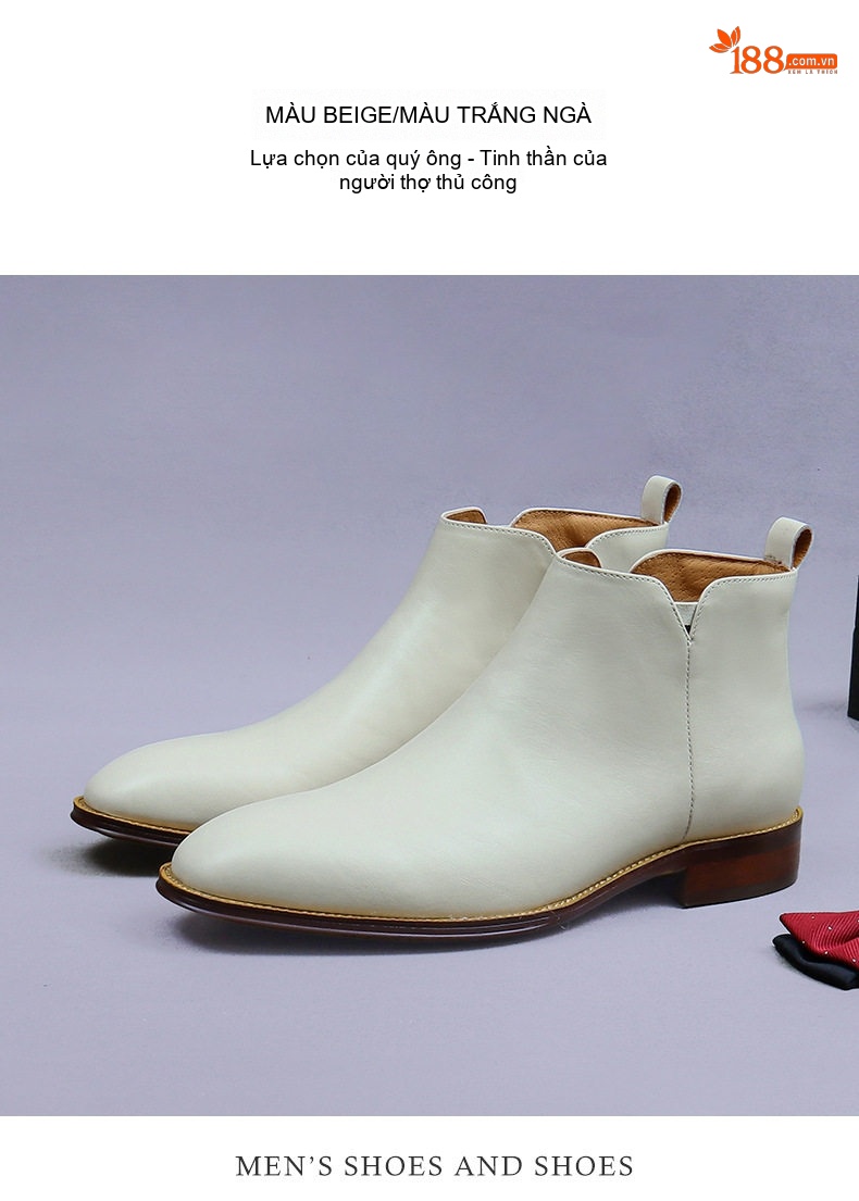 Boot Da Nam Cổ Cao Khóa Kéo Da Bò Chiều Cao Đế Khoảng 3cm Màu Trắng chi tiết 2