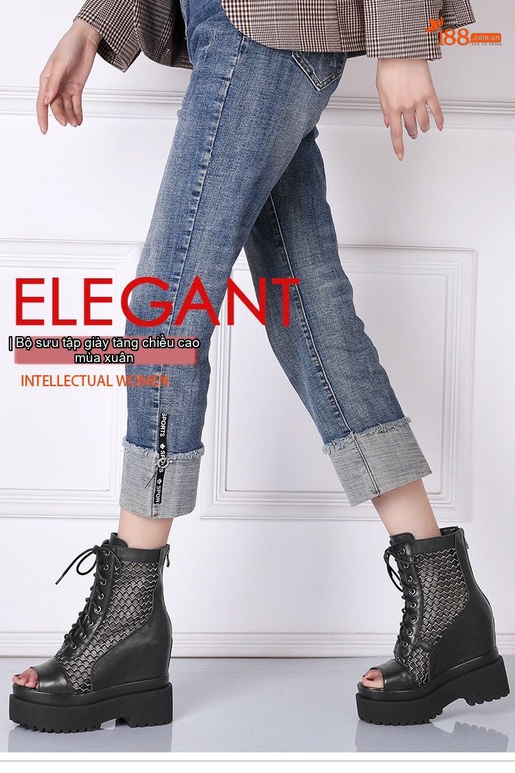 Boot Hở Mũi Nữ Lưới Thoáng Khí Chiều Cao Đế 12cm Màu Đen, Trắng chi tiết 1