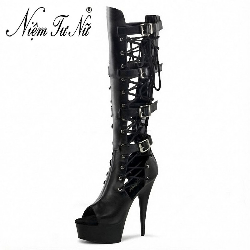 Boot Lưới Hở Mũi Nữ Da Bóng Cao Gót 15cm Quai Dây Màu Đen