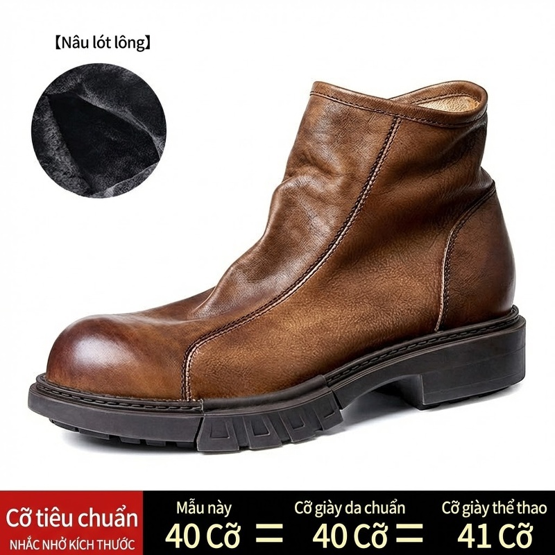 Boot Martin Chelsea Nam Da Bò Lót Lông Chiều Cao Đế Khoảng 4cm Phong Cách Anh Quốc Màu Nâu, Đen