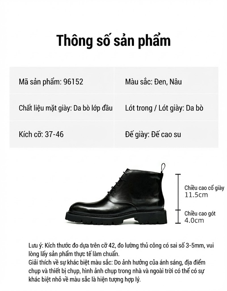 Boot Martin Nam Cao Cổ Da Bò Đế Dày Chiều Cao Đế Khoảng 4cm Phong Cách Anh Quốc Màu Đen, Nâu chi tiết 2