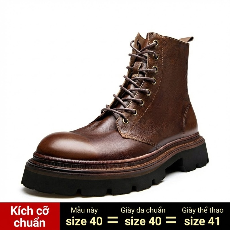 Boot Martin Nam Cao Cổ Da Thật Chiều Cao Đế Khoảng 5cm Phong Cách Anh Quốc Màu Nâu, Đen